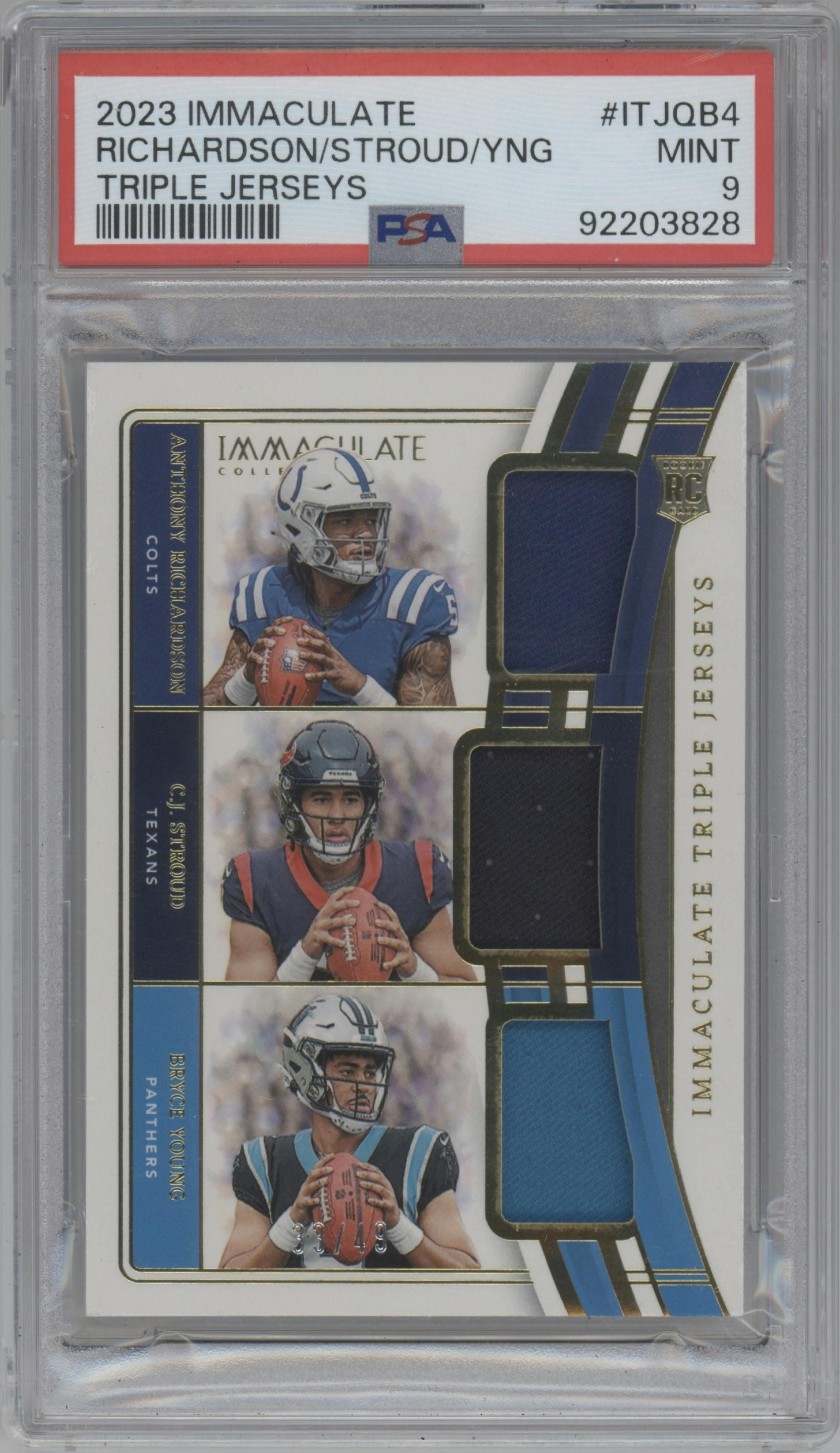 Anthony Richardson/C.J. Stroud/Bryce Young from the 2023 Panini Immaculate Collection  set graded by PSA and given an overall grade of 9.