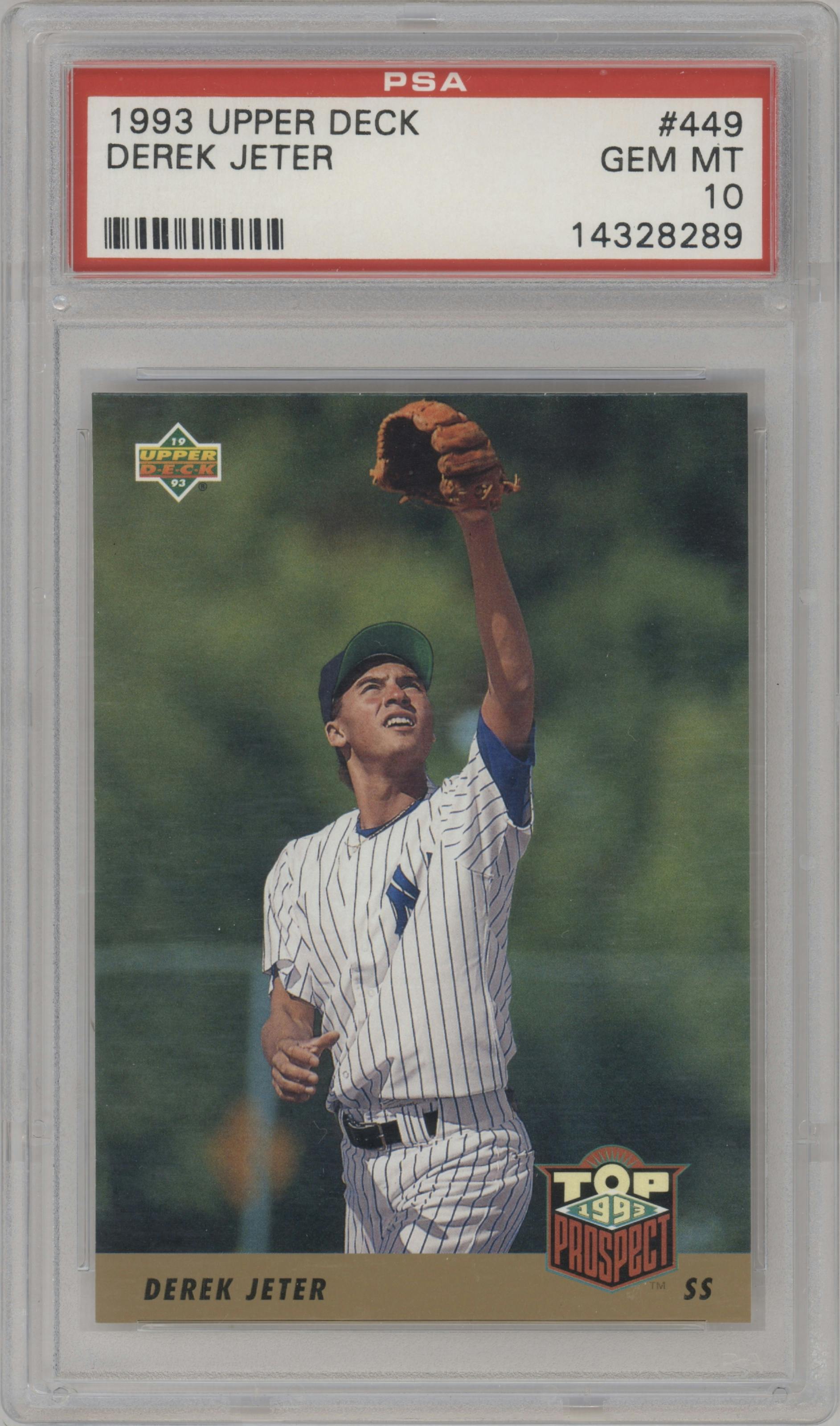 Derek Jeter from the 1993 Upper Deck set graded by PSA and given an overall grade of 10.