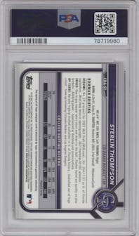 Sterlin Thompson from the 2022 Bowman Draft set featuring a Gold Refractor parallel graded by PSA and given an overall grade of 9.