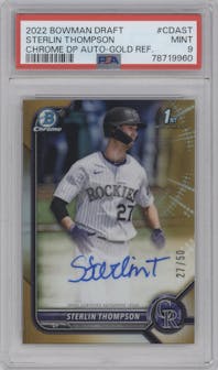 Sterlin Thompson from the 2022 Bowman Draft set featuring a Gold Refractor parallel graded by PSA and given an overall grade of 9.