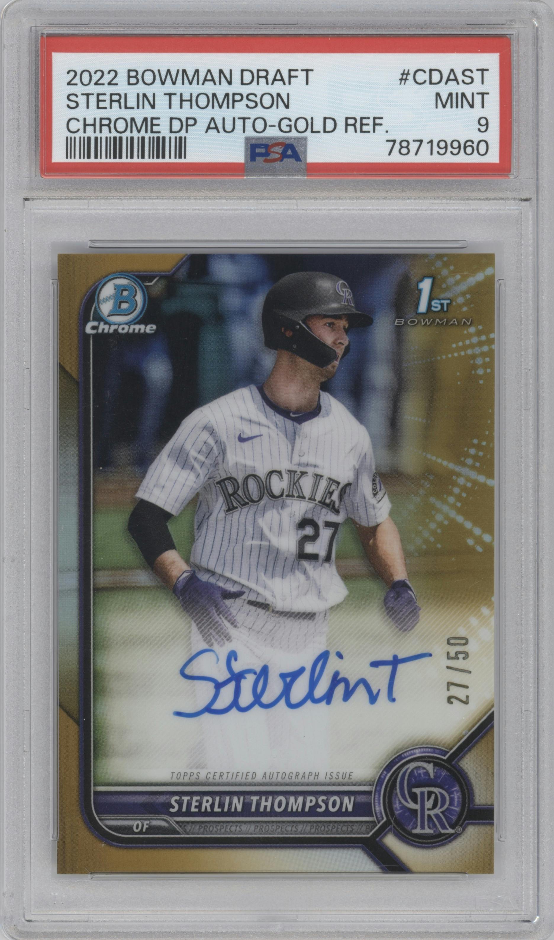 Sterlin Thompson from the 2022 Bowman Draft set featuring a Gold Refractor parallel graded by PSA and given an overall grade of 9.