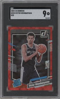 Victor Wembanyama from the 2023-24 Panini Donruss set featuring a Red parallel graded by SGC and given an overall grade of 9.