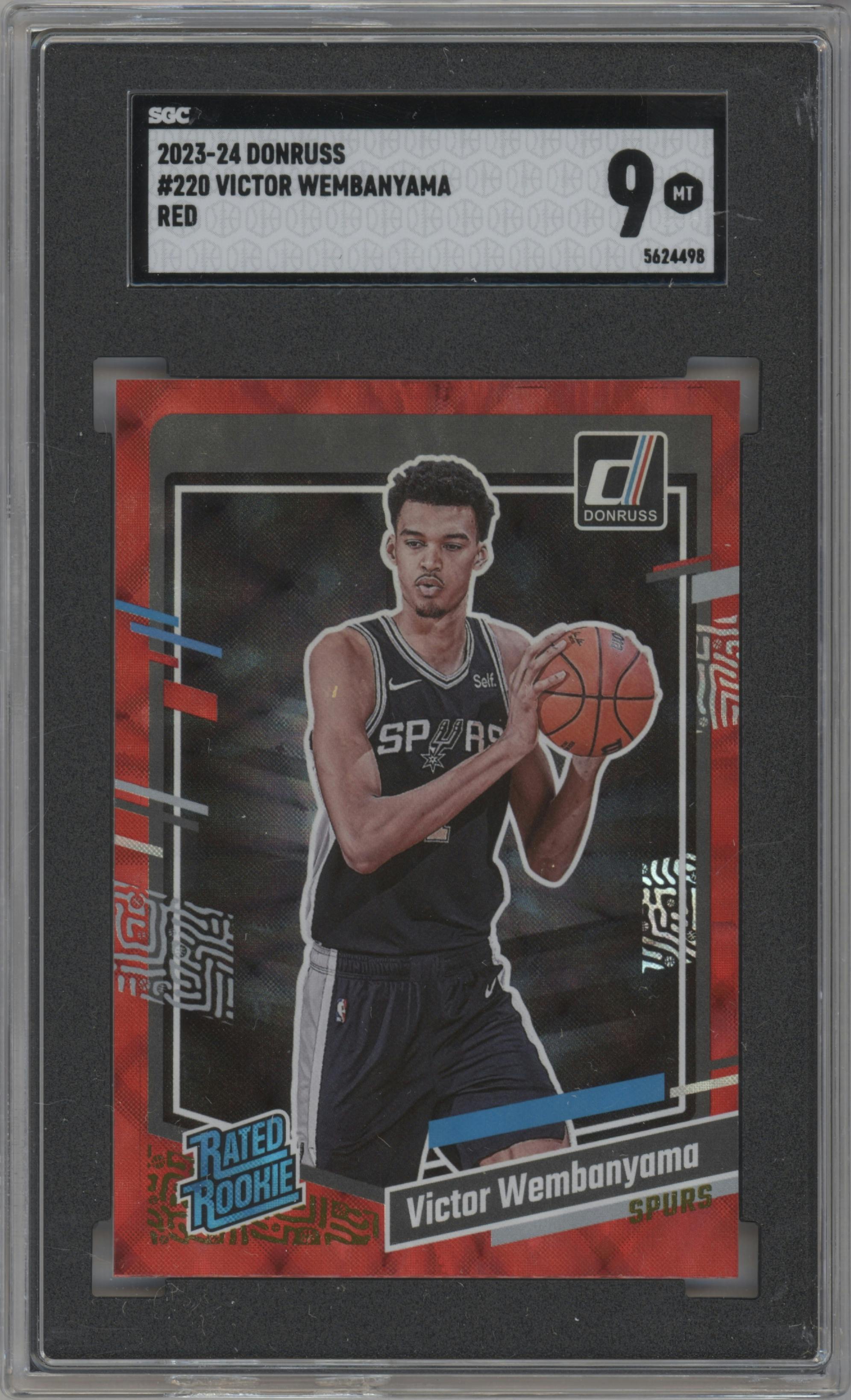 Victor Wembanyama from the 2023-24 Panini Donruss set featuring a Red parallel graded by SGC and given an overall grade of 9.