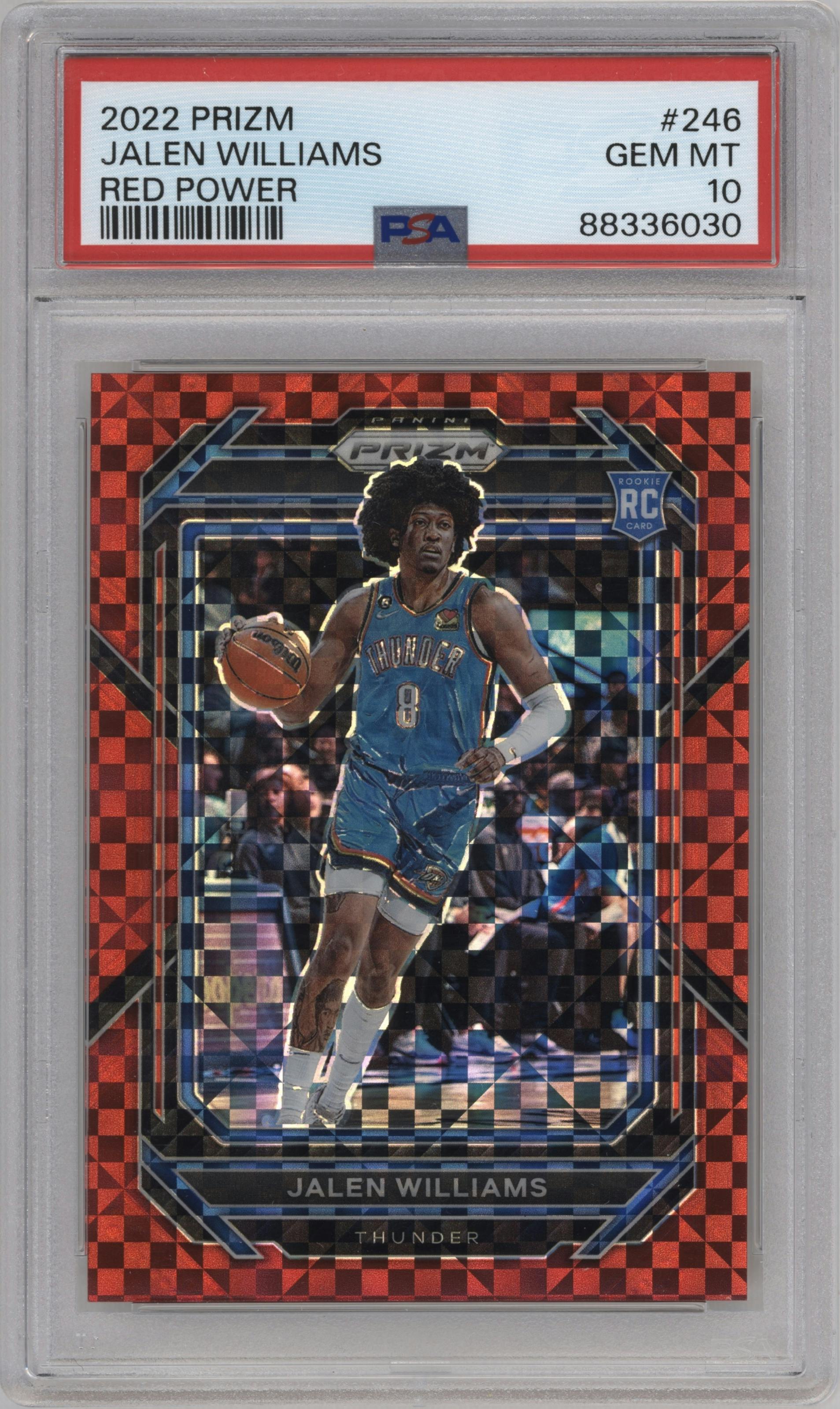 Jalen Williams from the 2022-23 Panini Prizm  set featuring a Red Power parallel graded by PSA and given an overall grade of 10.