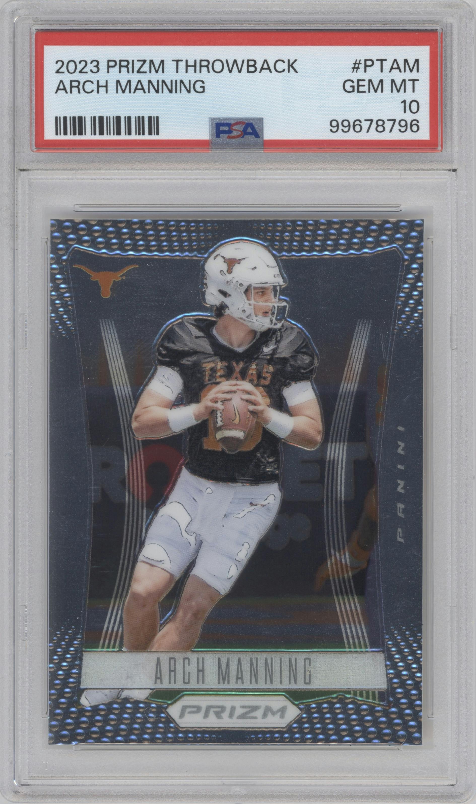 Arch Manning from the 2023 Panini Prizm Throwback set graded by PSA and given an overall grade of 10.