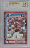 Jayden Daniels from the 2024 Donruss set featuring a Red Pandora parallel graded by Beckett and given an overall grade of 9.5.