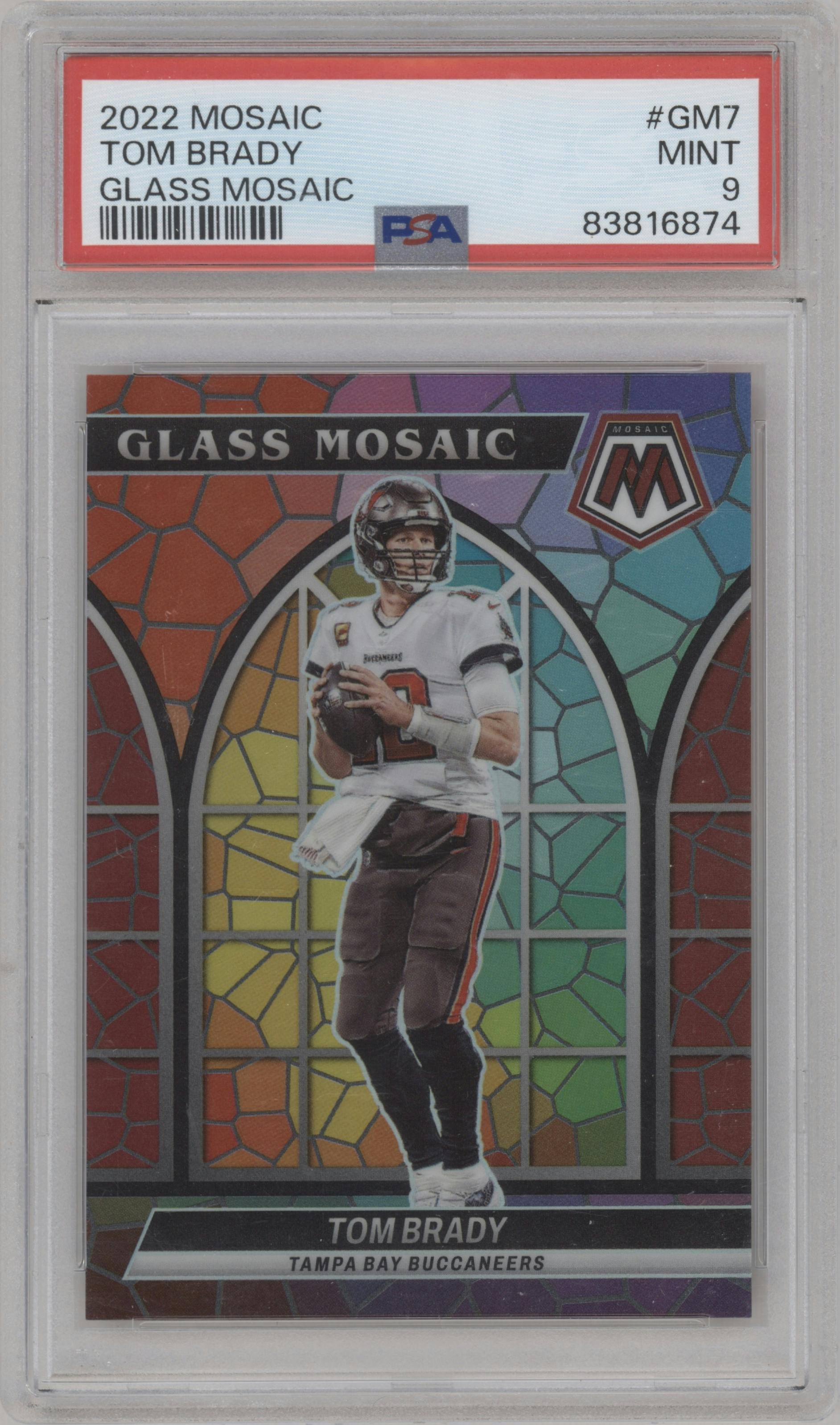 Tom Brady from the 2022 Panini Mosaic set graded by PSA and given an overall grade of 9.