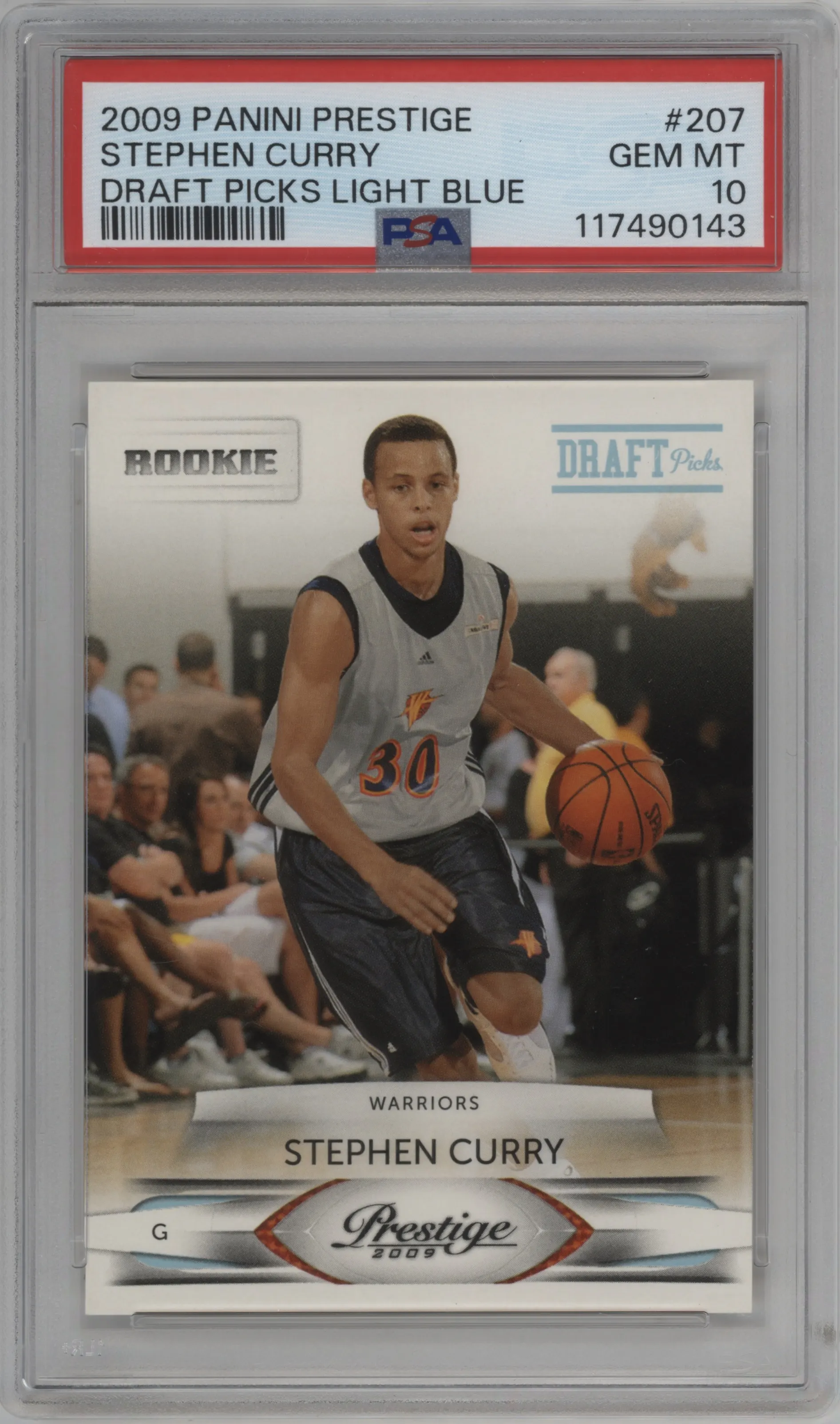Stephen Curry from the 2009-10 Panini Prestige set featuring a Draft Picks Light Blue parallel graded by PSA and given an overall grade of 10.