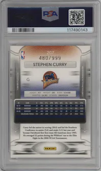 Stephen Curry from the 2009-10 Panini Prestige set featuring a Draft Picks Light Blue parallel graded by PSA and given an overall grade of 10.