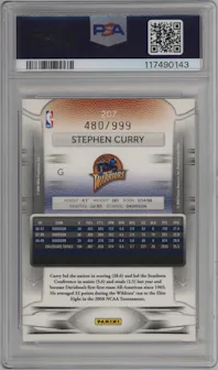 Stephen Curry from the 2009-10 Panini Prestige set featuring a Draft Picks Light Blue parallel graded by PSA and given an overall grade of 10.