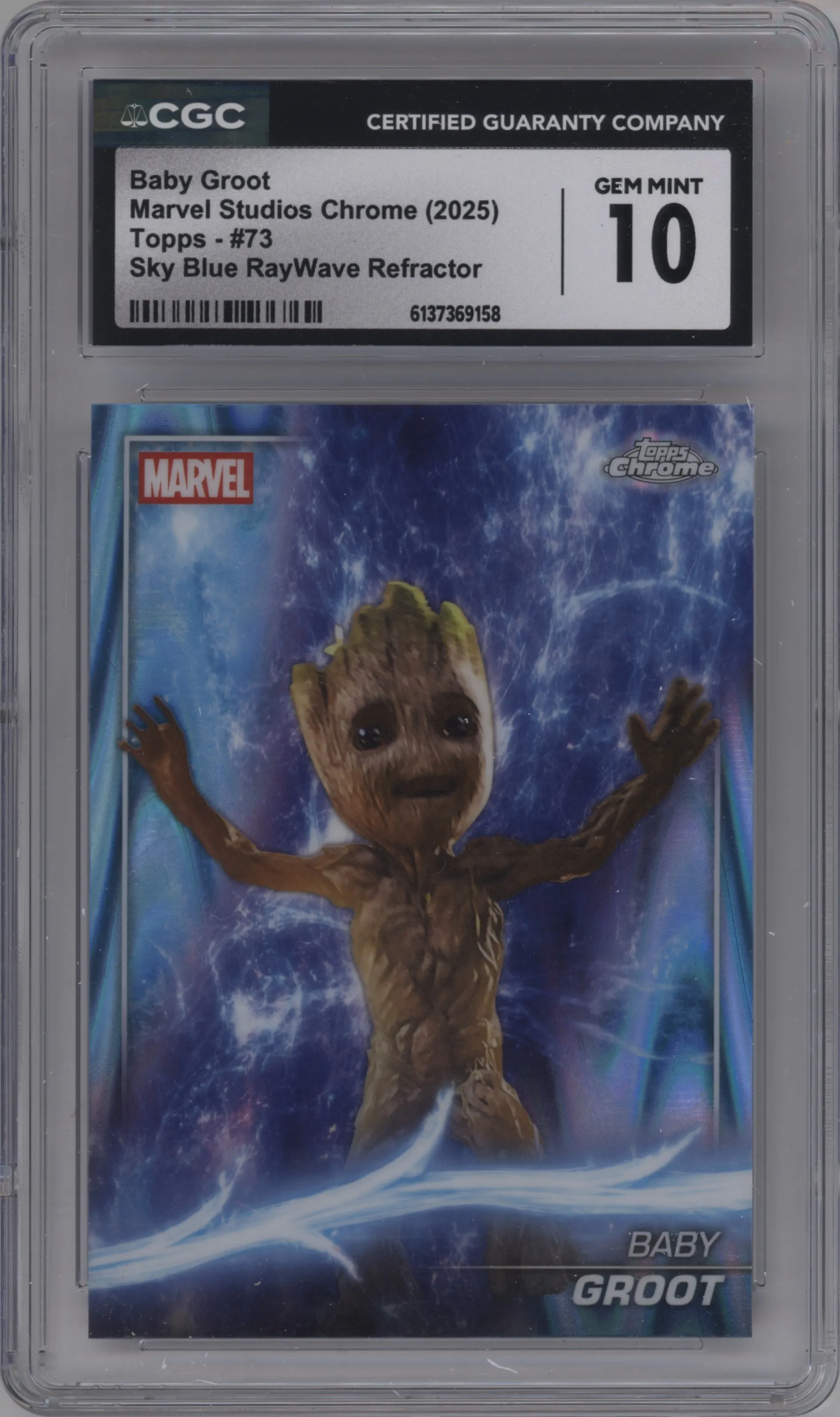 2025 Topps Chrome Marvel Studios Baby Groot Sky Blue RayWave Refractor #73 CGC 10