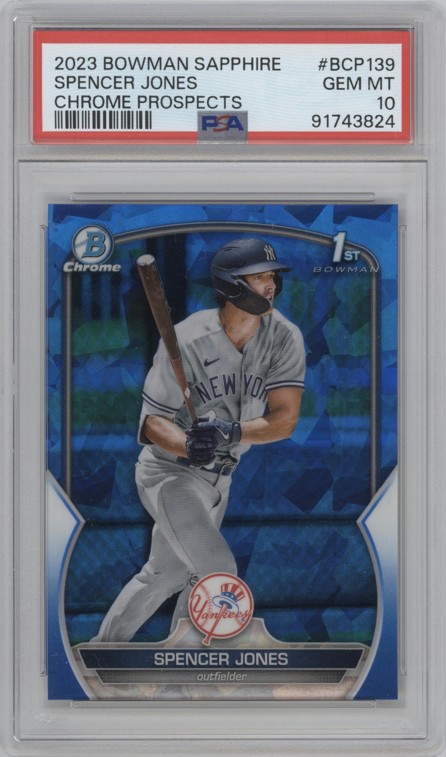 Spencer Jones from the 2023 Bowman Sapphire Edition set graded by PSA and given an overall grade of 10.