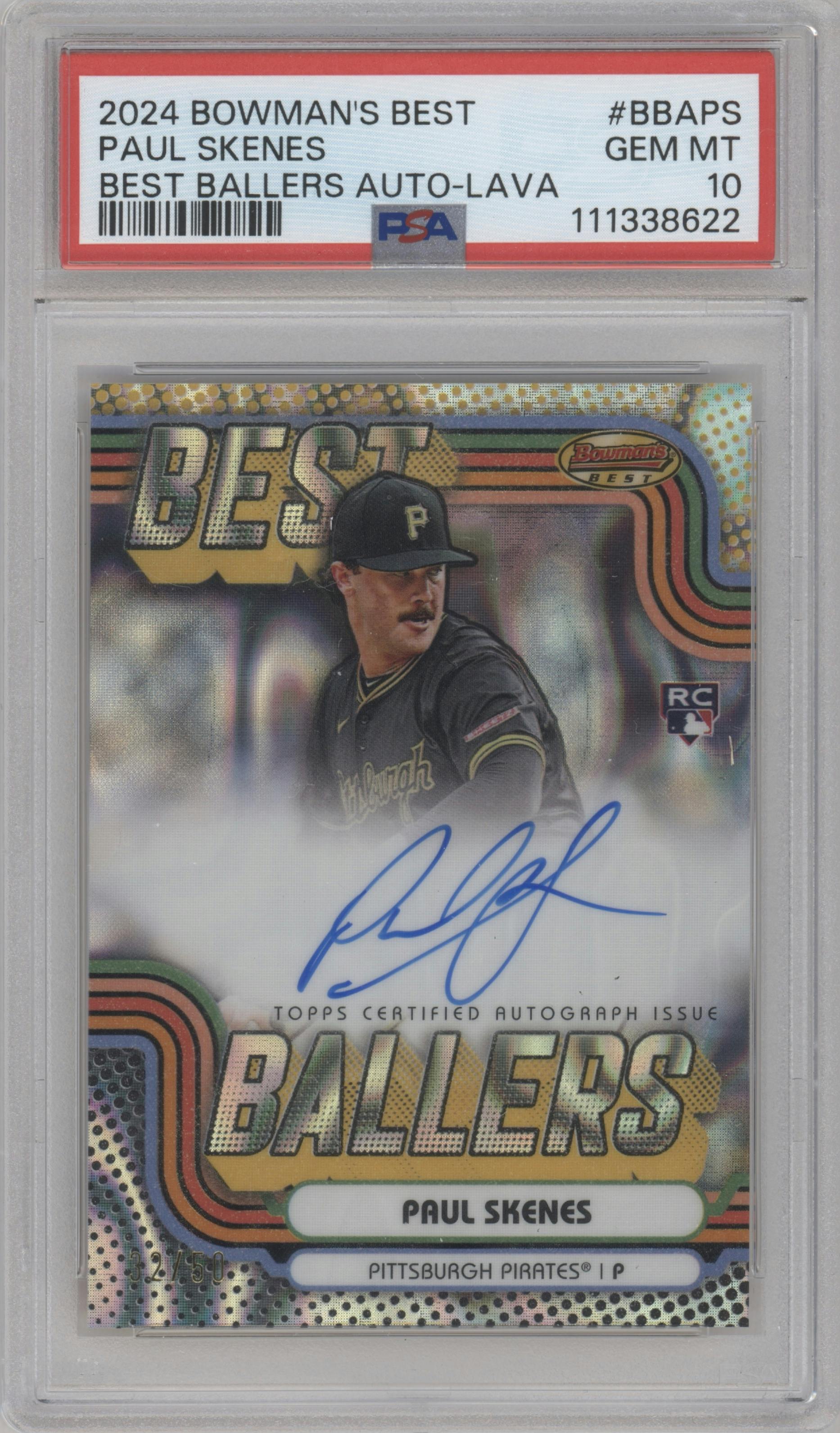 Paul Skenes from the 2024 Bowman's Best set featuring a Lava Refractor parallel graded by PSA and given an overall grade of 10.