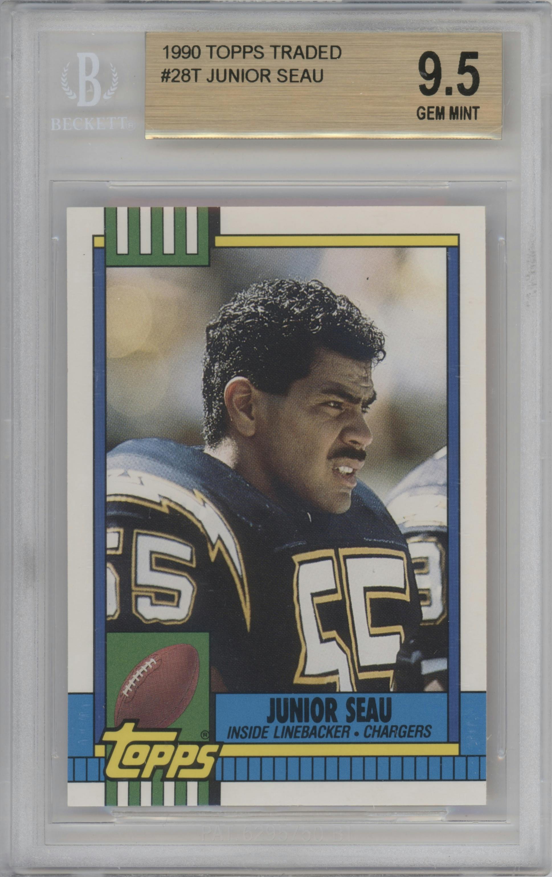 Junior Seau from the 1990 Topps Traded set graded by Beckett and given an overall grade of 9.5.