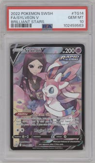 Sylveon V from the 2022 Pokemon SWSH set graded by PSA and given an overall grade of 10.