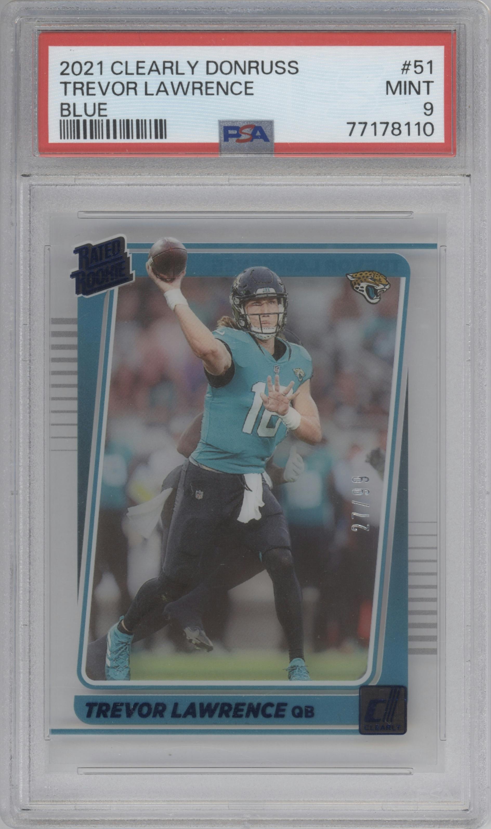 Trevor Lawrence from the 2021 Panini Clearly Donruss set featuring a Blue parallel graded by PSA and given an overall grade of 9.