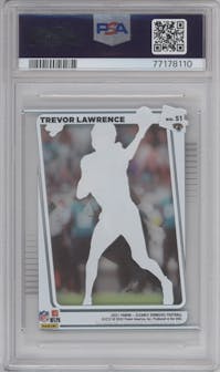 Trevor Lawrence from the 2021 Panini Clearly Donruss set featuring a Blue parallel graded by PSA and given an overall grade of 9.