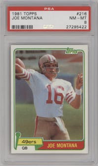 Joe Montana from the 1981 Topps  set graded by PSA and given an overall grade of 8.