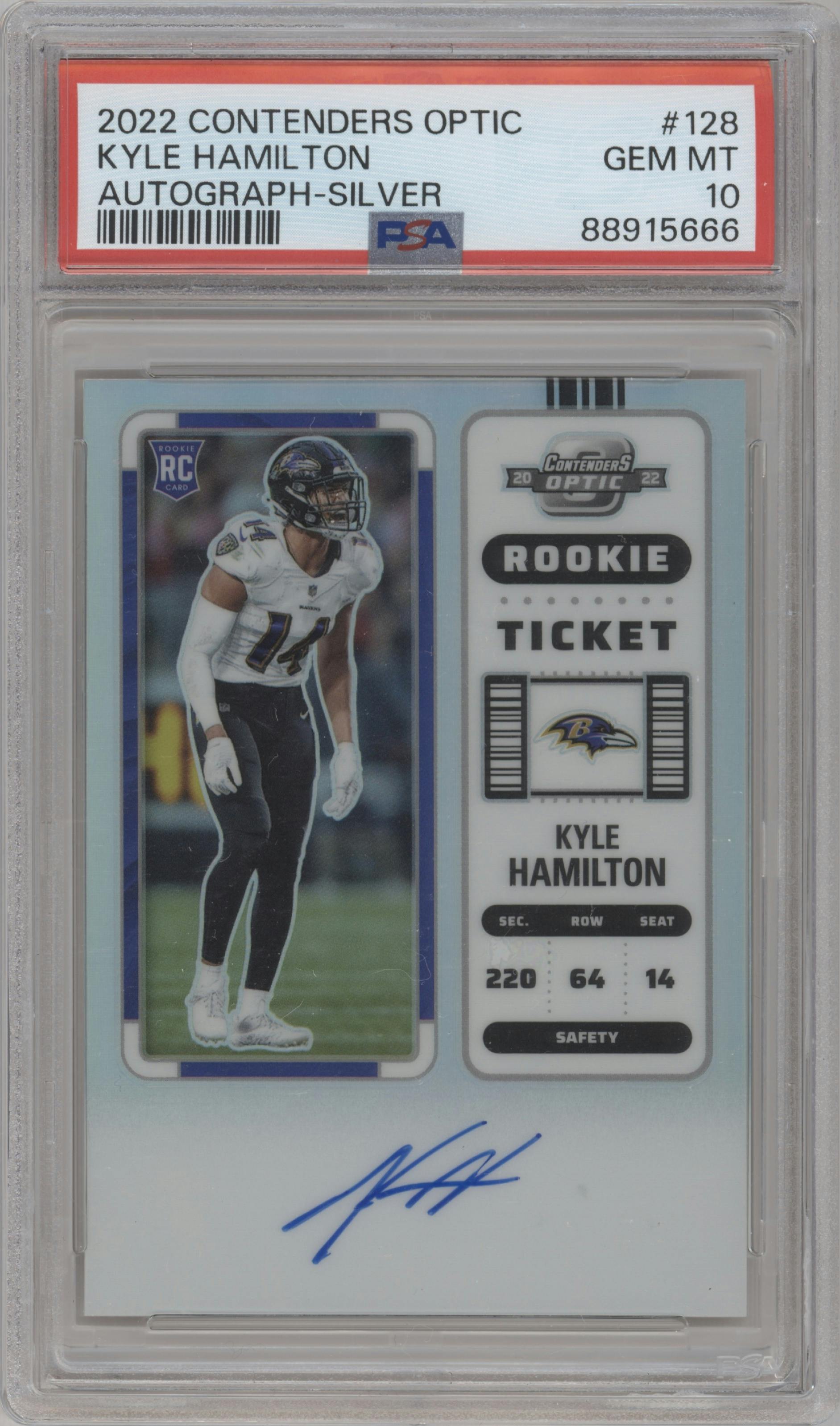 Kyle Hamilton from the 2022 Panini Contenders Optic set featuring a Silver parallel graded by PSA and given an overall grade of 10.