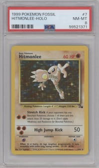 Hitmonlee from the 1999 Pokemon set graded by PSA and given an overall grade of 8.