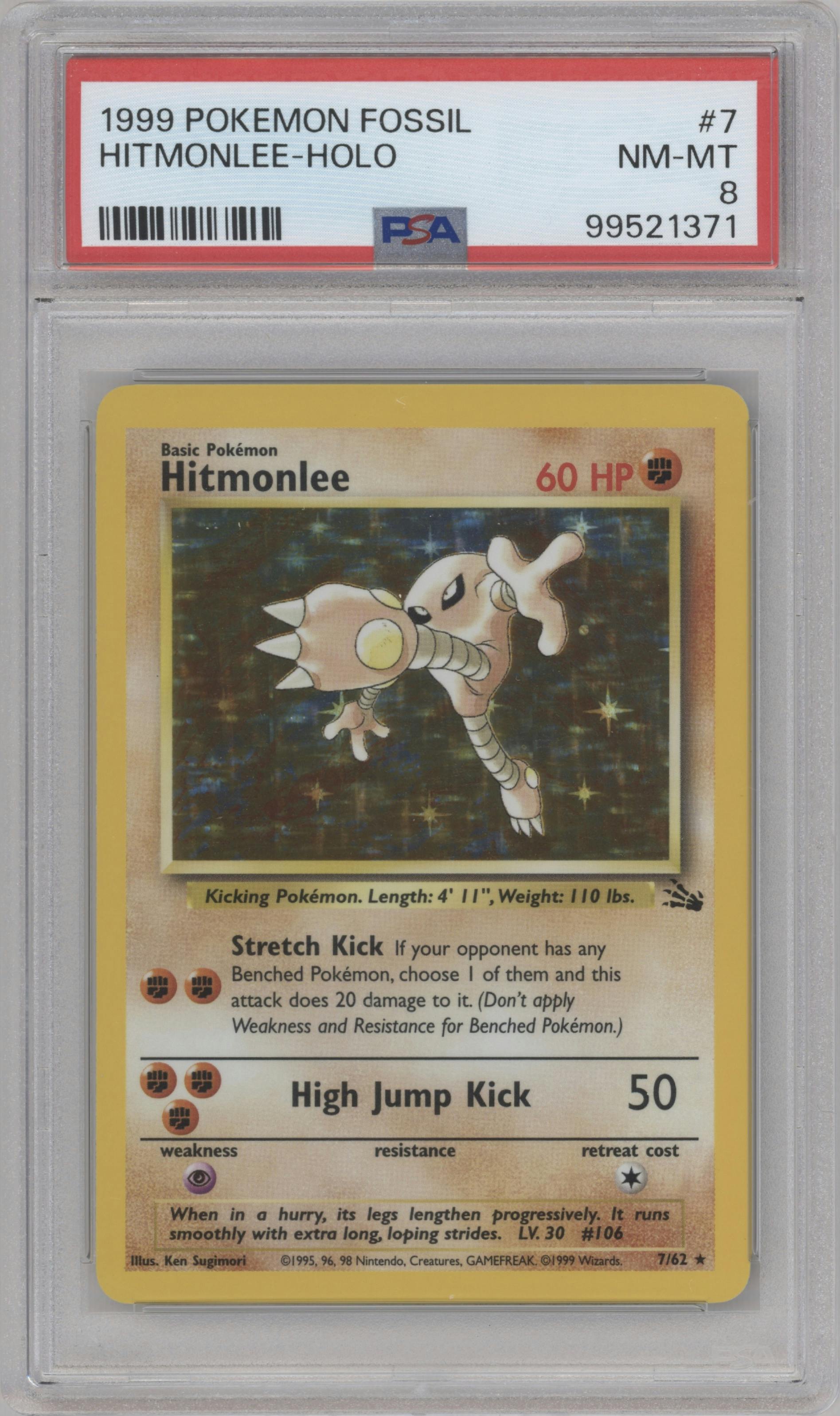 Hitmonlee from the 1999 Pokemon set graded by PSA and given an overall grade of 8.