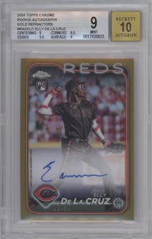 Elly De La Cruz from the 2024 Topps Chrome set featuring a Gold Refractor parallel graded by Beckett and given an overall grade of 9.