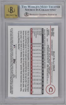 Elly De La Cruz from the 2024 Topps Chrome set featuring a Gold Refractor parallel graded by Beckett and given an overall grade of 9.