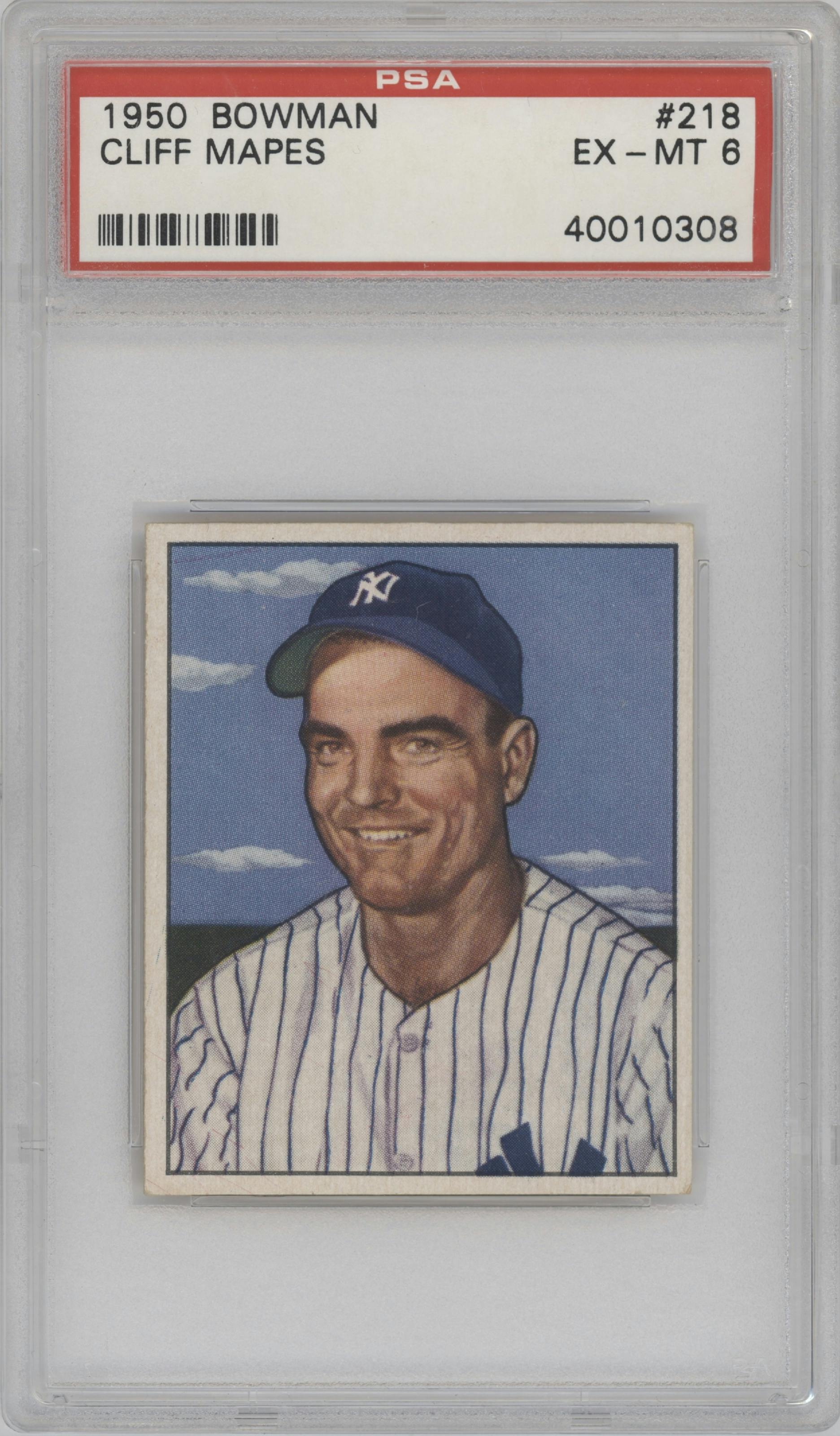 Cliff Mapes from the 1950 Bowman set graded by PSA and given an overall grade of 6.