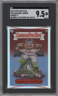 Hammerin’ Harper from the 2023 Topps Garbage Pail Kids x MLB Series 3 set featuring a Baseball Stitching Foil parallel graded by SGC and given an overall grade of 9.5.