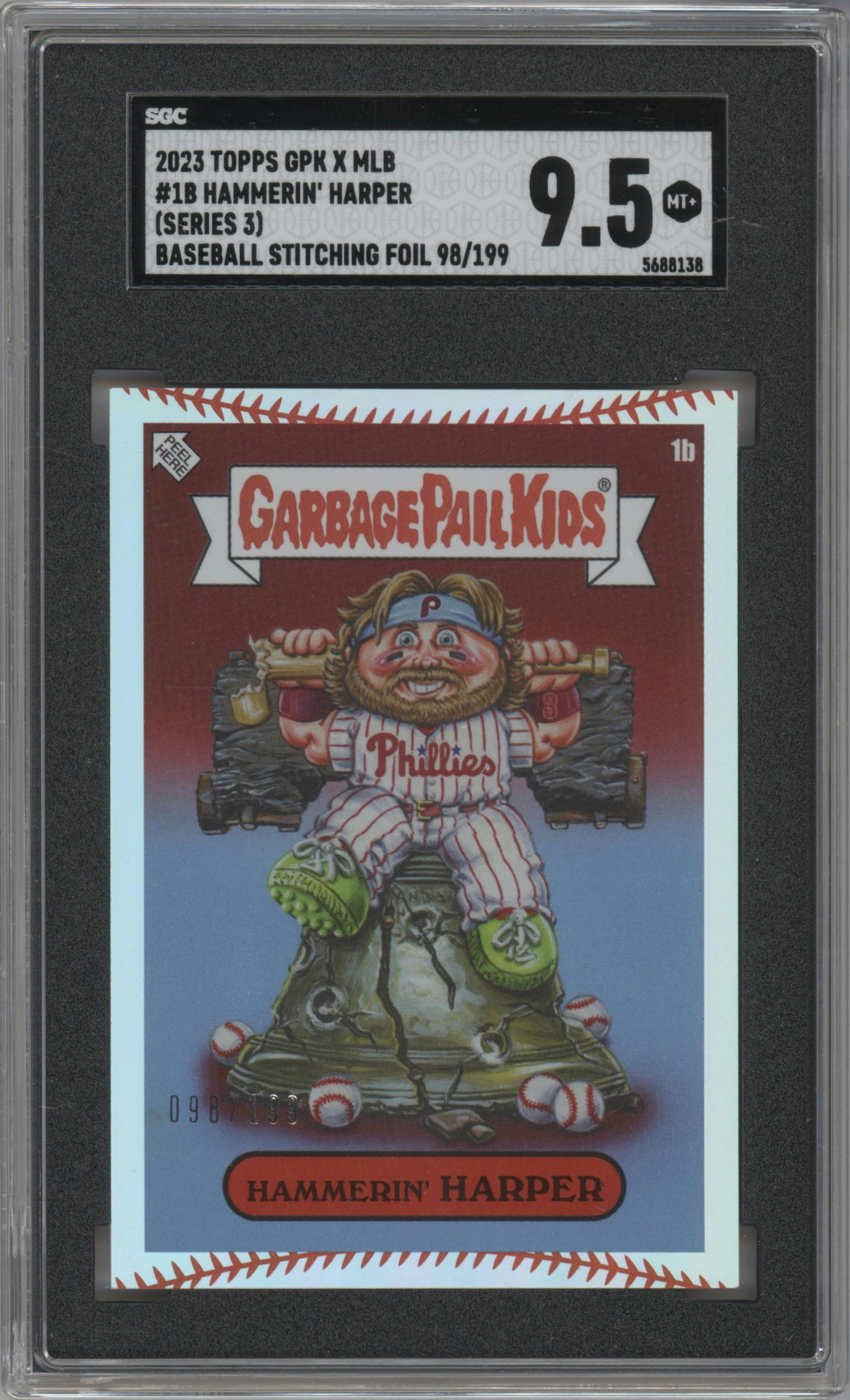 Hammerin’ Harper from the 2023 Topps Garbage Pail Kids x MLB Series 3 set featuring a Baseball Stitching Foil parallel graded by SGC and given an overall grade of 9.5.