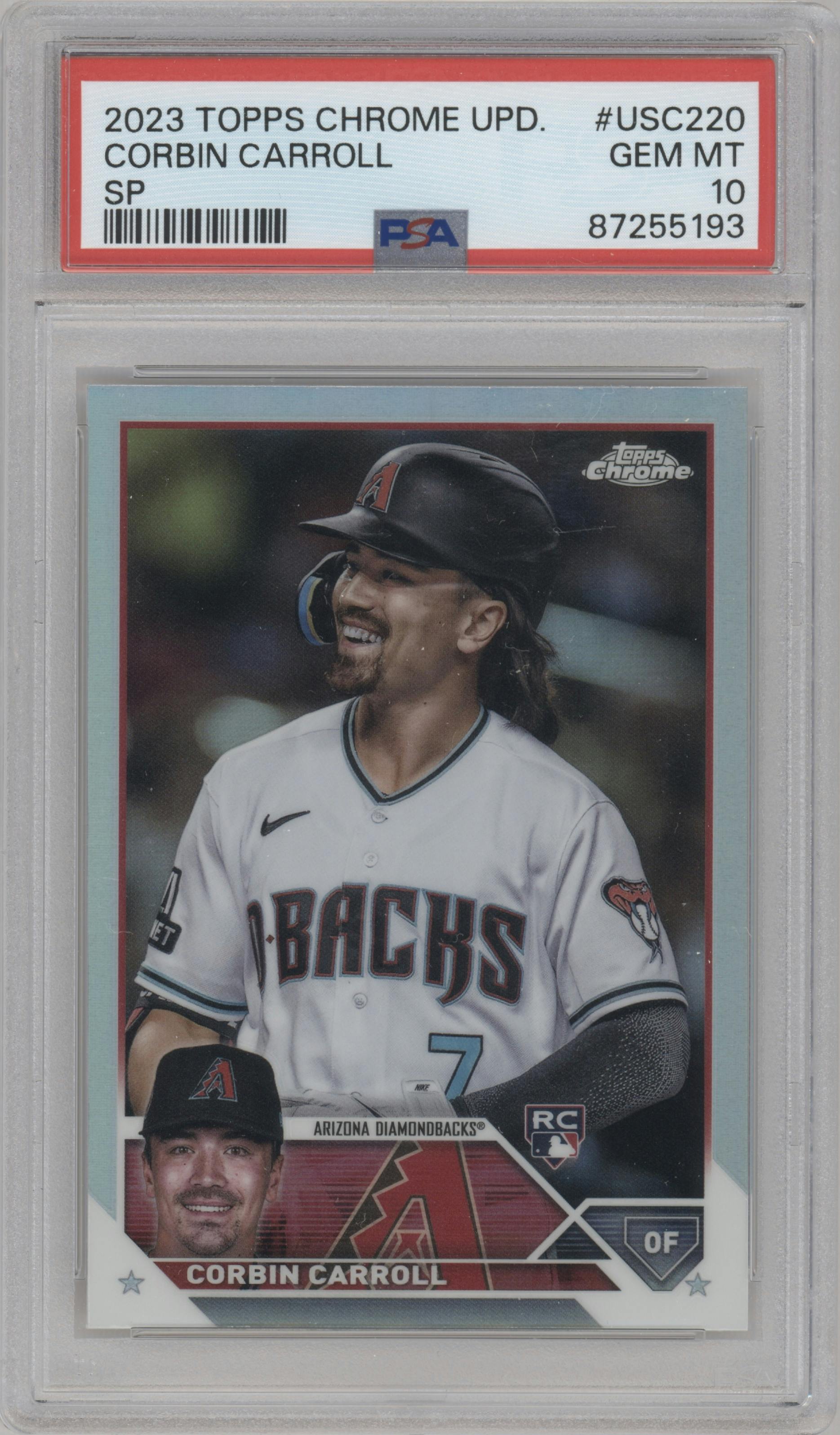 Corbin Carroll from the 2023 Topps Chrome Update set featuring a  Refractor parallel graded by PSA and given an overall grade of 10.