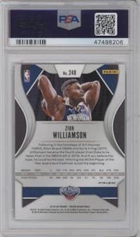 Zion Williamson from the 2019-20 Panini Prizm set featuring a Red/White/Blue Prizm  parallel graded by PSA and given an overall grade of 9.