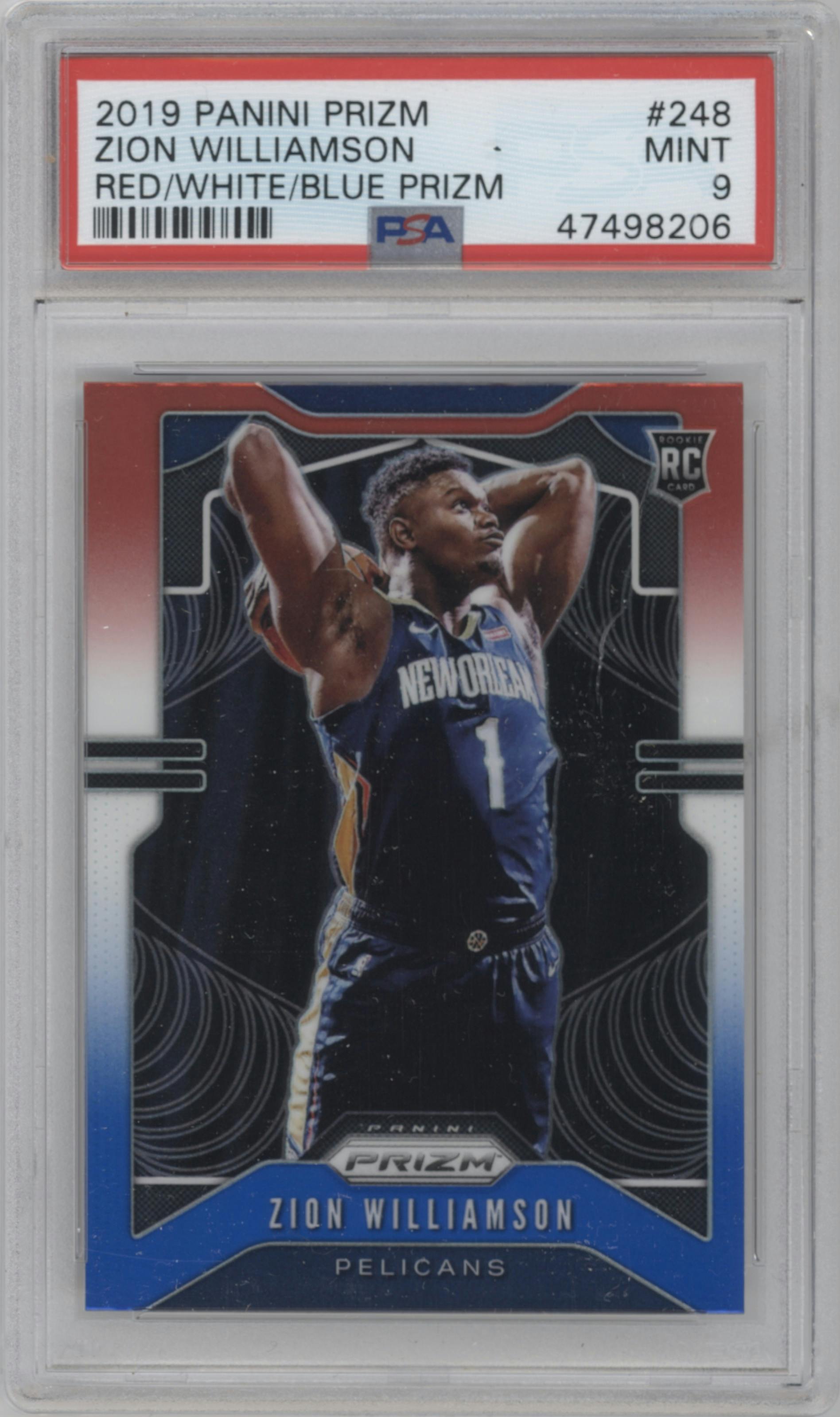 Zion Williamson from the 2019-20 Panini Prizm set featuring a Red/White/Blue Prizm  parallel graded by PSA and given an overall grade of 9.