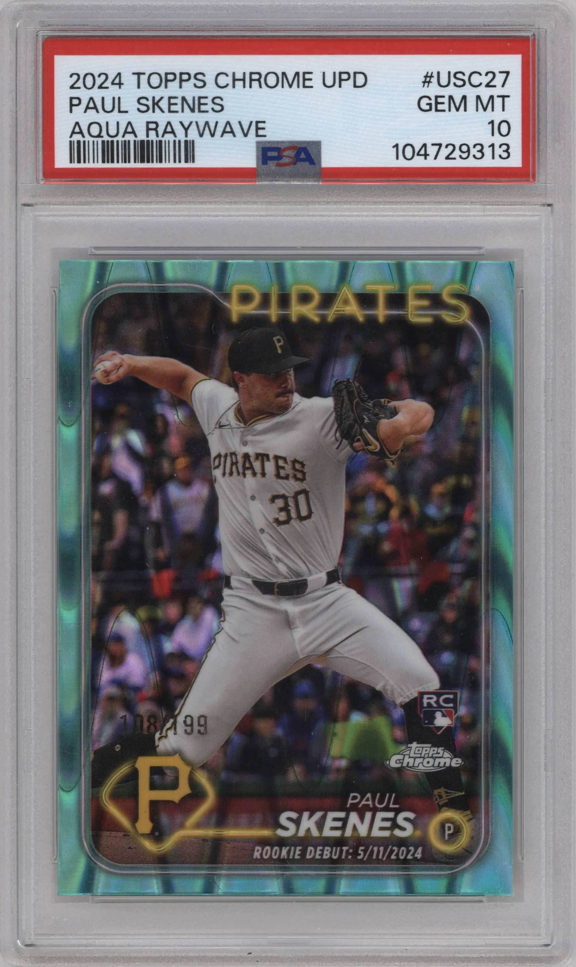 2024 Topps Chrome Update Paul Skenes Aqua RayWave Refractor #USC27 PSA 10