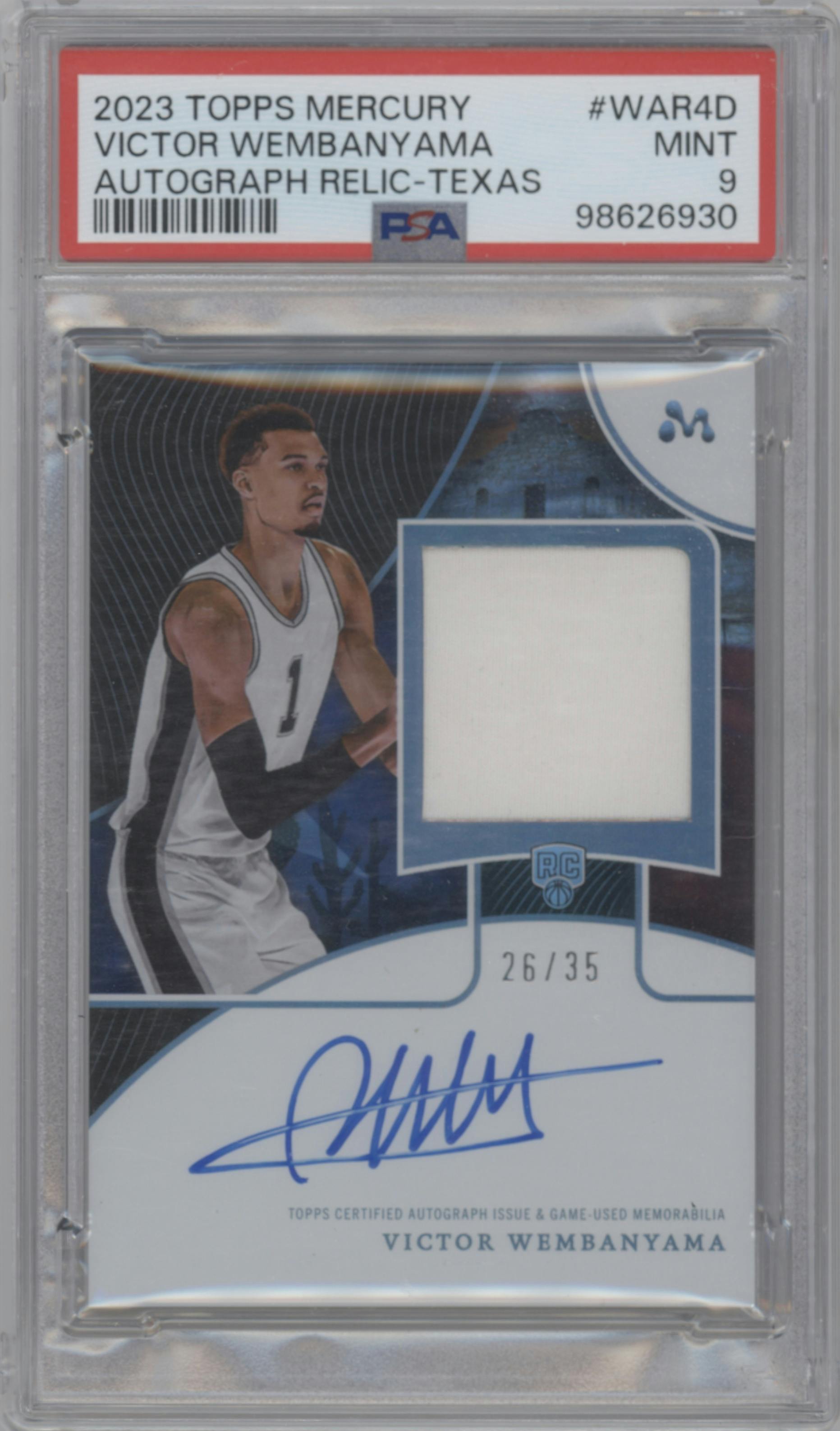 Victor Wembanyama from the 2023-24 Topps Mercury set featuring a Texas parallel graded by PSA and given an overall grade of 9.