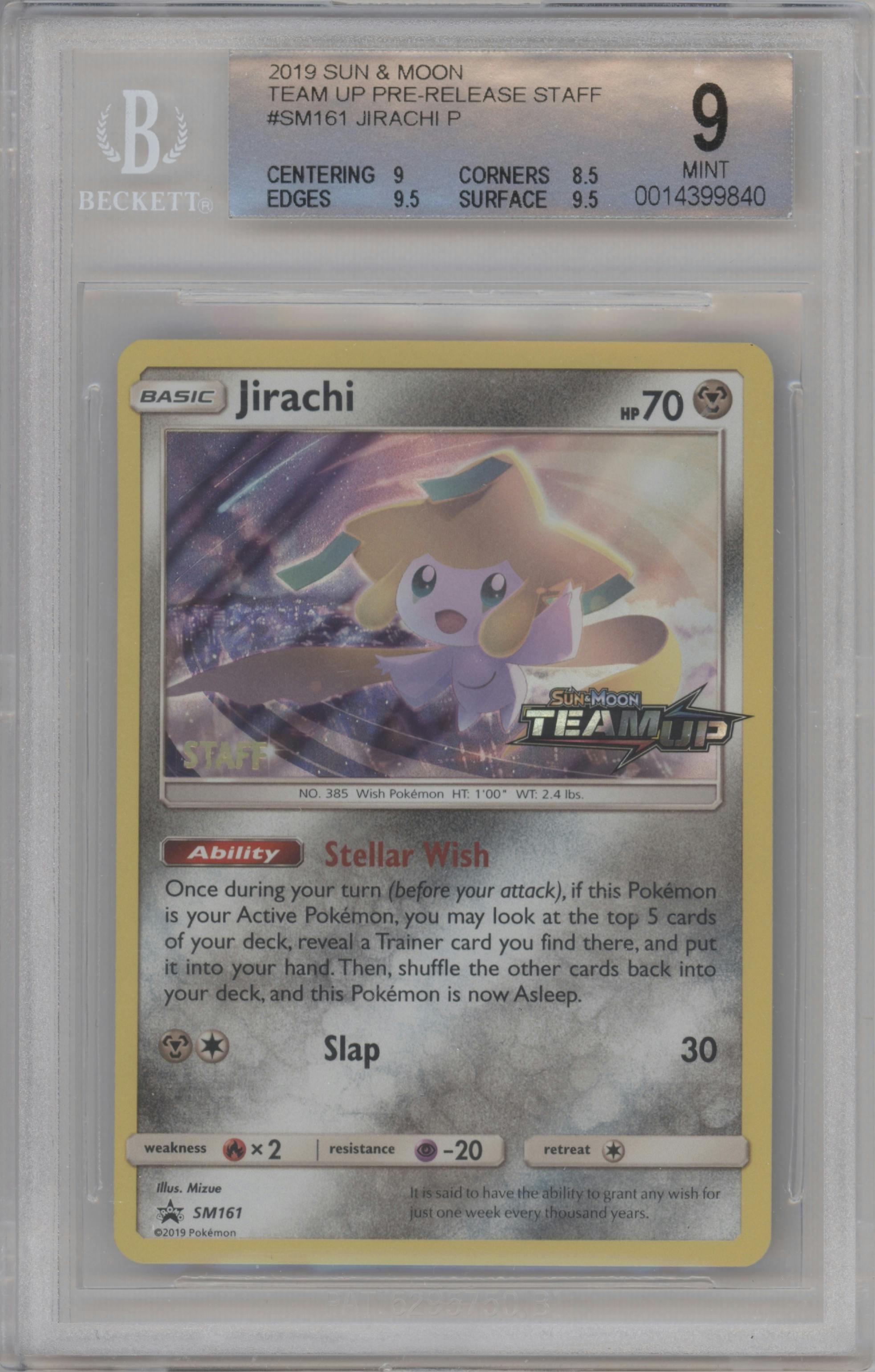 Jirachi from the 2019 Pokemon S&M  set featuring a Team UP Staff parallel graded by Beckett and given an overall grade of 9.