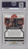 Ja'Marr Chase from the 2021 Panini Prizm set featuring a Red Ice parallel graded by PSA and given an overall grade of 10.