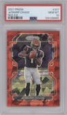 Ja'Marr Chase from the 2021 Panini Prizm set featuring a Red Ice parallel graded by PSA and given an overall grade of 10.