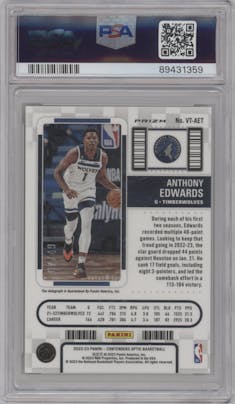 Anthony Edwards from the 2022-23 Panini Contenders Optic set featuring a Green parallel graded by PSA and given an overall grade of 9.