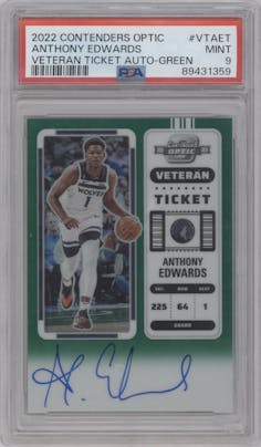 Anthony Edwards from the 2022-23 Panini Contenders Optic set featuring a Green parallel graded by PSA and given an overall grade of 9.