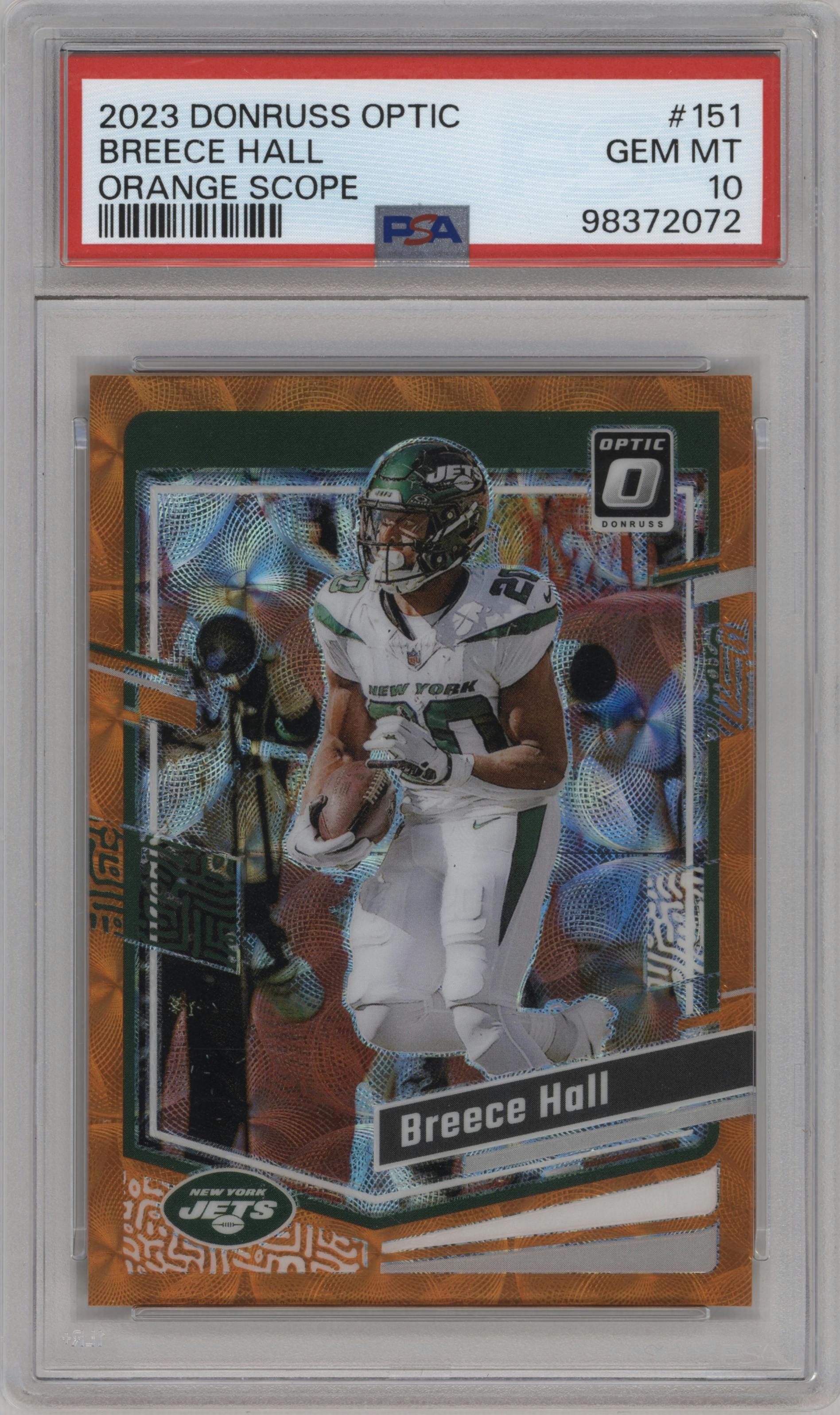 Breece Hall from the 2023 Donruss Optic set featuring a Orange Scope parallel graded by PSA and given an overall grade of 10.