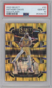 Anthony Davis from the 2023-24 Panini Select  set featuring a Gold Flash parallel graded by PSA and given an overall grade of 10.