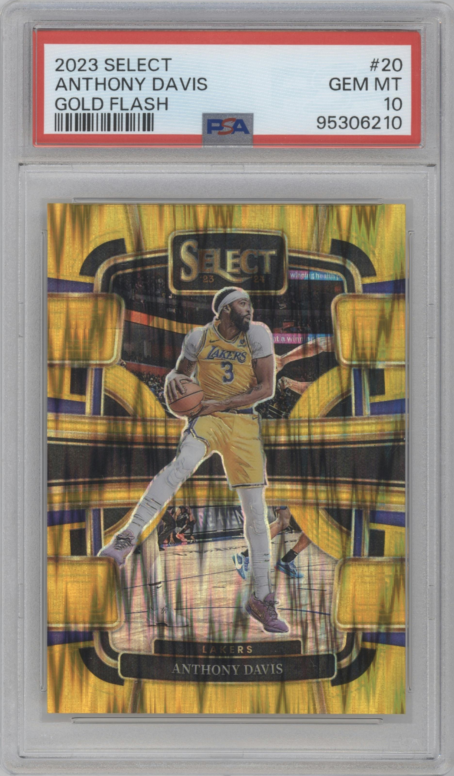 Anthony Davis from the 2023-24 Panini Select  set featuring a Gold Flash parallel graded by PSA and given an overall grade of 10.