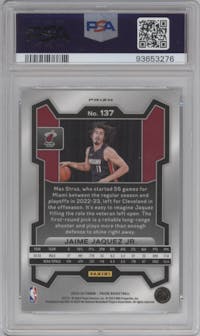 Jaime Jaquez Jr. from the 2023-24 Panini Prizm set featuring a Silver Prizm  parallel graded by PSA and given an overall grade of 10.