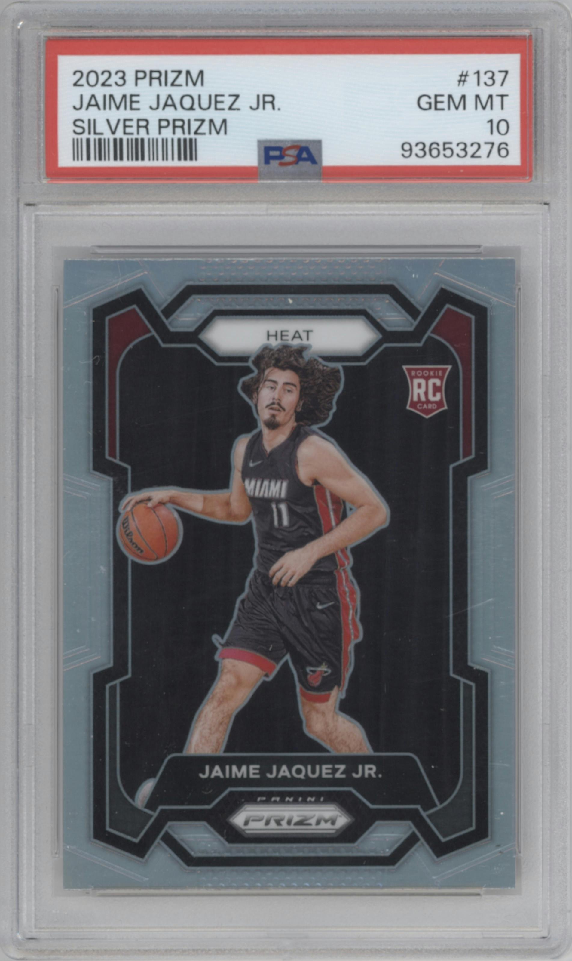 Jaime Jaquez Jr. from the 2023-24 Panini Prizm set featuring a Silver Prizm  parallel graded by PSA and given an overall grade of 10.