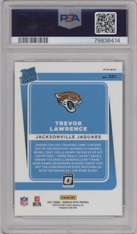 Trevor Lawrence from the 2021 Panini Donruss Optic set featuring a Green Velocity parallel graded by PSA and given an overall grade of 10.