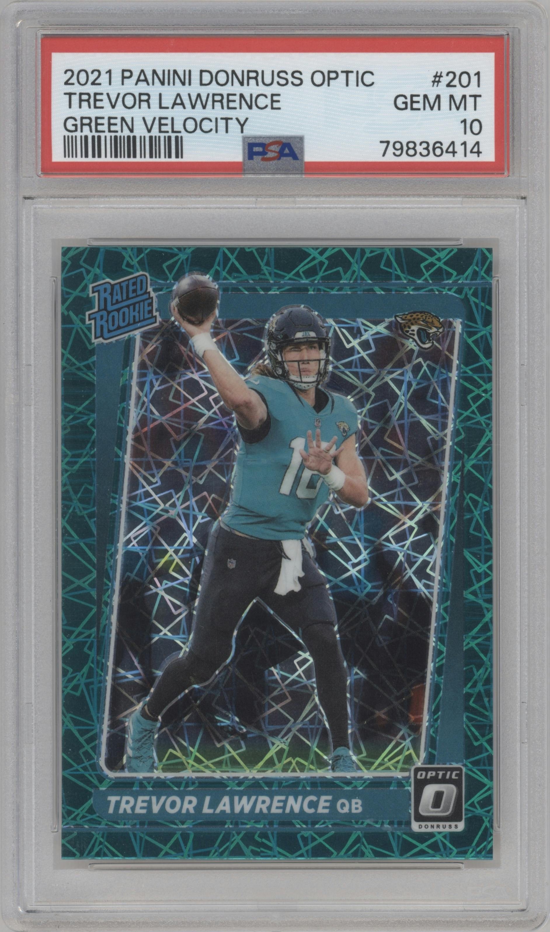 Trevor Lawrence from the 2021 Panini Donruss Optic set featuring a Green Velocity parallel graded by PSA and given an overall grade of 10.