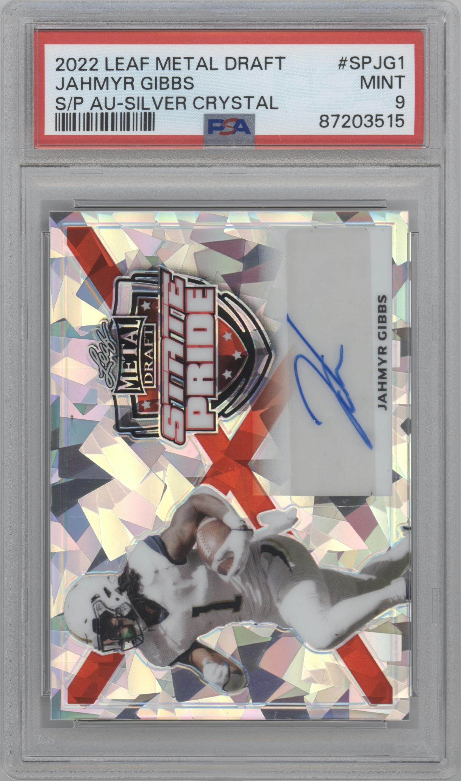 Jahmyr Gibbs from the 2022 Leaf Metal Draft set featuring a Crystal Silver parallel graded by PSA and given an overall grade of 9.