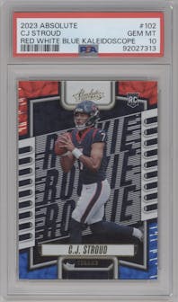 C.J. Stroud from the 2023 Panini Absolute set featuring a Red White and Blue Kaleidoscope parallel graded by PSA and given an overall grade of 10.