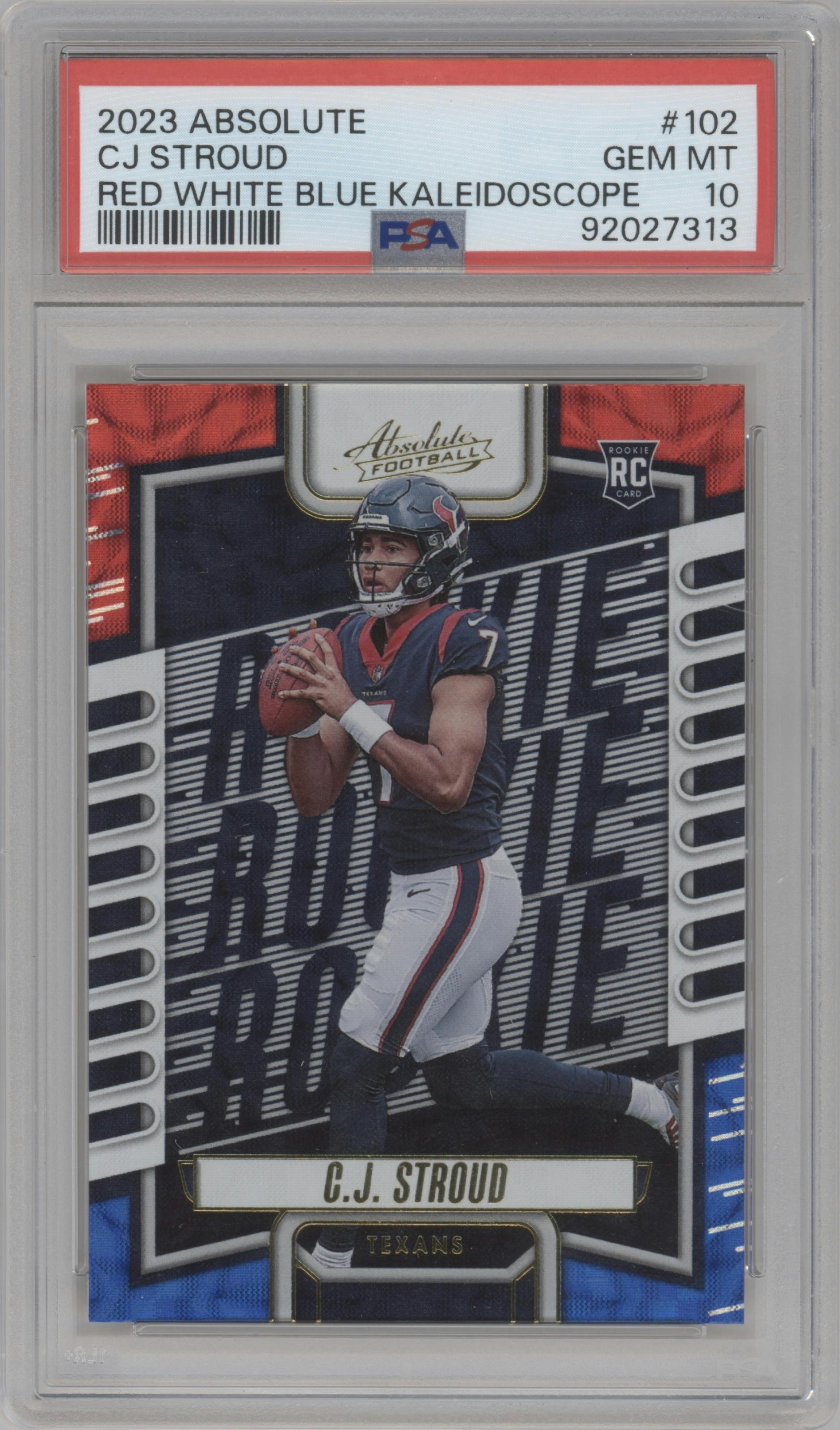 C.J. Stroud from the 2023 Panini Absolute set featuring a Red White and Blue Kaleidoscope parallel graded by PSA and given an overall grade of 10.